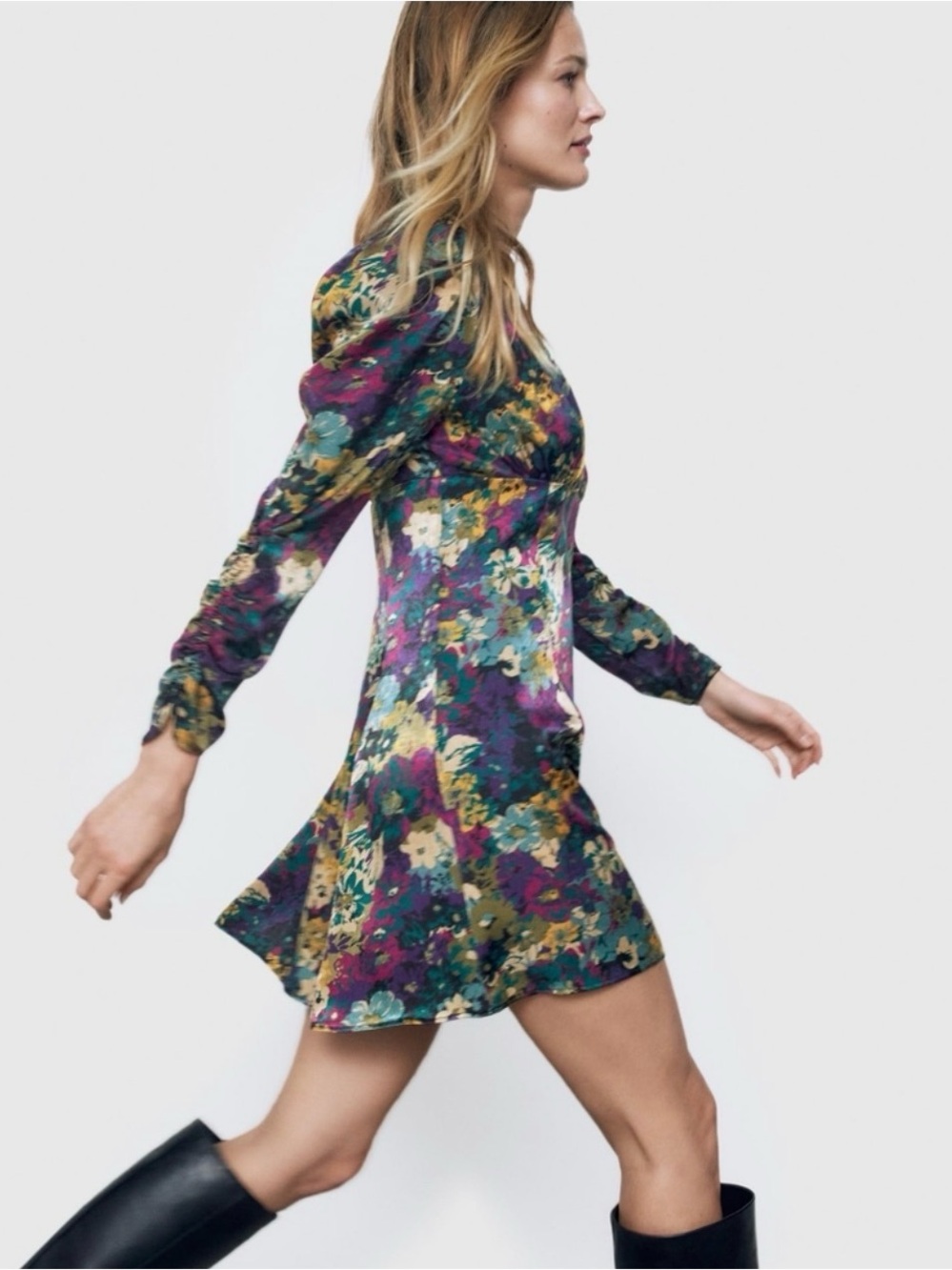 Zara Purple Floral Mini Dress with Green and Yellow Accents SS20
